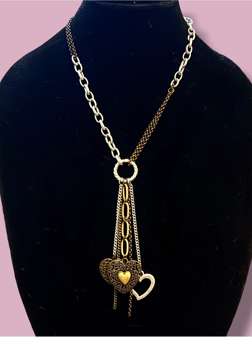 Mixed metal asymmetrical hearts tassel pendant necklace